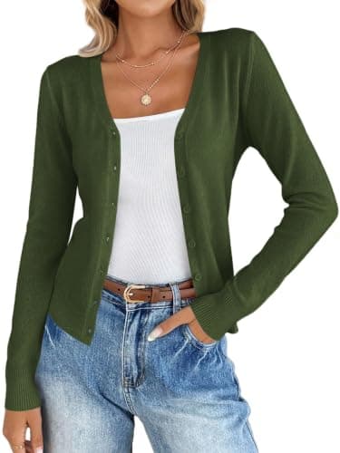 KIRUNDO Lightweight Cardigans for Women V Neck Fall Sweaters,Army Green,L | Button Up Sweaters, Open Front Casual Cardigans, Soft Long Sleeve Knit Tops, Cute Knitwear Coats, Work Office Clothes