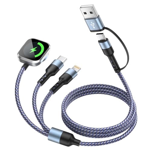 Travel Essentials 3in2 Multi Charging Cable for iWatch Charger, 5FT | USB C Cable Multiple Charger Cord, USB Cord Car CarPlay Cable Compatible with iWatch Ultra/SE/10-1/iPhone 17-11/Galaxy S25-22