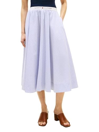 Tommy Hilfiger Women's Poplin Branded Midi Skirt, Misty Lazuli Blue Stripe X-Large