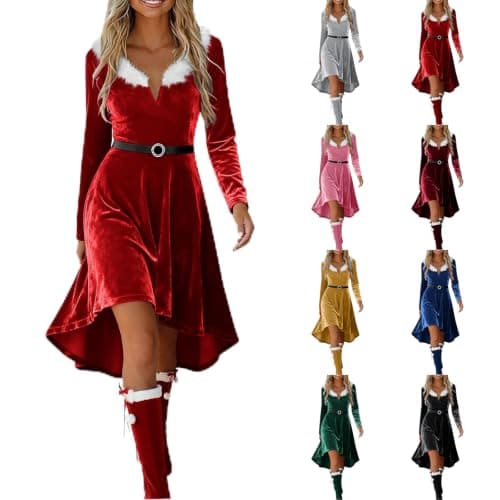Christmas Dress Women Fur Trim Midi Dresses Xmas Santa Red Small | V‑Neck,Velvet Midi Dress,Waist Belt,Long Sleeve,High‑Low Hem,Cosplay Costume,Christmas Party Outfit