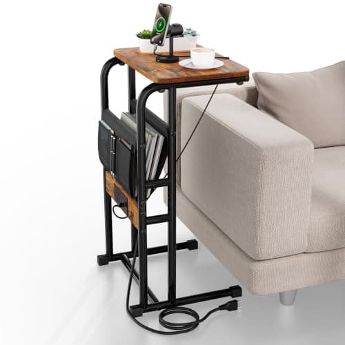C Shaped End Table with Charging Station,Couch Table with Storage Bag | Metal Frame Side Table for Sofa | Behind The Couch Table with Outlet | TV Tray for Living Room, Small Space Rustic Brown