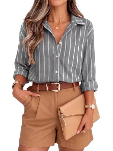 KIRUNDO Striped Oversized Button Down Shirts For Women(Grey, S) | Chic Boyfriend Style Collared Blouse With Pocket, Long Sleeve Tops Office Work Daily Wear, Cute Going Out Vacation Outfits