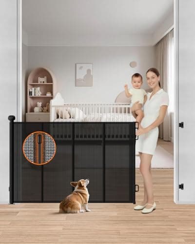 BBsecure Retractable Baby Gate, Up to 55" Wide Reinforced Retractable Gate | 4 Fiberglass Support Rods for Extra Stability, Fully Retractable Design, 34" Tall for Stairs, Hallways & Doorways, Black