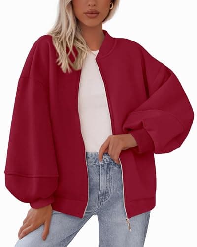 KIRUNDO Oversized Sweatshirt for Women Zip Up Bomber Jacket(Red, XL)