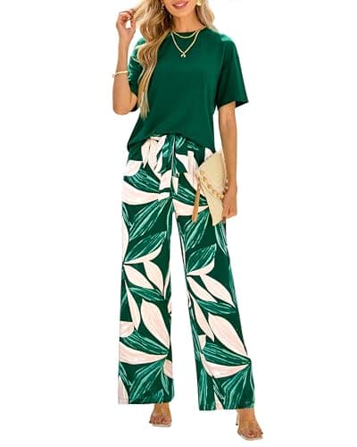 PRETTYGARDEN Women Summer 2 Piece Travel Outfits,Dark Green Floral,XXL | Short Sleeve Crewneck Knit T-Shirts,Boho Floral Print Tie Waist Wide Leg Pant Set,Fall Lounge Sets,Beach Vacation Clothes