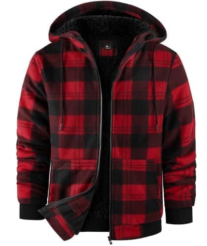 ZITY Hoodies for Men Flannel Fleece Sweatshirt Plaid Zip Sherpa Lined Coat | Full Zipper,Winter,Warm,Heavyweight,Fleece,MultiPocket,Adjustable Drawstring,Windproof,Outdoor,Casual,Office,Travel