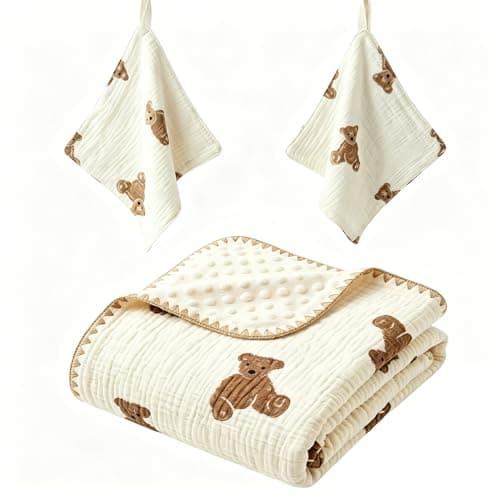 Homthara 3-Piece Cotton Baby Blanket Set, 2 Baby Washcloths (Teddy Bear) | Soft Muslin Cotton Baby Swaddle Blanket, Breathable Double Layer Baby Receiving Blanket for Newborn Boys & Girls