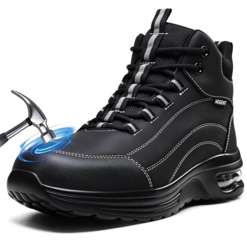 HOGENT Steel Toe Boots for Men Women, Lightweight Safety Work Shoes | KEVLAR Midsole, Air Cushion Comfort, Leather Upper, Ankle Support for Construction, Industrial, Warehouse, Delivery, Drivers
