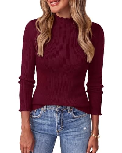 BTFBM Womens Fall Sweaters Trendy Lightweight Ruffle Mock Neck Tops | Lettuce Trim Long Sleeve Top,Ribbed Knit Dressy Blouse,Slim Fitted Thermal Shirts,Fashion Clothing,Christmas Winter Outfits