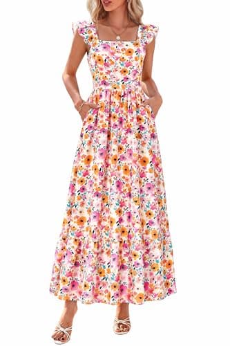 dowerme Women Summer Ruffle Straps Square Neck Floral Print Boho Maxi Dress | Fall Fashion Smocked Tiered Long Party Sundress with Pockets,Sleeveless Flowy Wedding Guest Dresses,Spring Beach Outfits