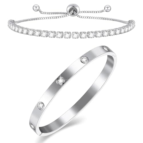 SUPNEER Silve Bracelets Bangles Tennis Bracelet for Women Stainless Steel Dainty 18k Love Friendship Bracelet with Cubic Zirconia Bangle Cuff Best Gifts Christmas Wedding Couples Birthdays
