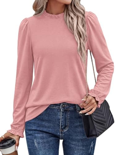 KIRUNDO Long Sleeve Dressy Tops for Women Fall Ruched Shirts,Pink,XL | Lightweight Knit Work Tops, Frill Mock Neck Fitted Office Blouses, Business Casual Outfits, Ruffle Cuffs, Keyhole Back