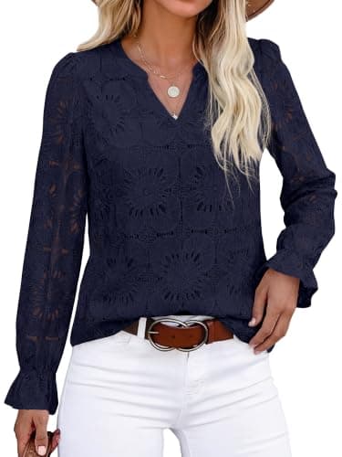 KIRUNDO Eyelet Tops for Women Lace Crochet Dressy Casual Blouses, Navy Blue | Elegant Long Sleeve Lace Blouse, Womens Fall Tops, Lined, Cotton Blend, Crocheted Floral Embroidered V Neck, Fashion Clothing