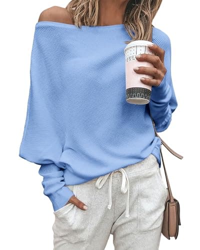 Zenlonr Womens Off The Shoulder Sweater Knit Pullovers Tops,Light Blue,XL | Soft Stretchy,Long Batwing Sleeve,Loose Fit,Oversized Sweater,Going Out Tops,2026 Fall Fashion,Winter Clothes