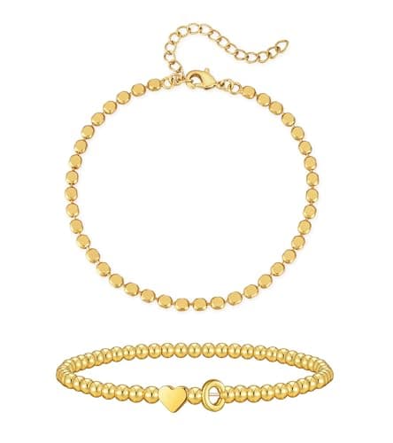 Wowshow Gold Bracelets for Women, Initial Beaded Bracelets with Heart Letter Charm C 18K Gold Plated Stretch Initial Jewelry Gifts for Mother Girlfriend