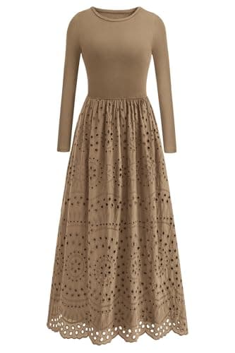 dowerme Women Spring Dresses 2026 Casual Long Sleeve Crewneck A-Line Boho Eyelet Cotton Maxi Wedding Guest Dress Pockets(Khaki,Small)