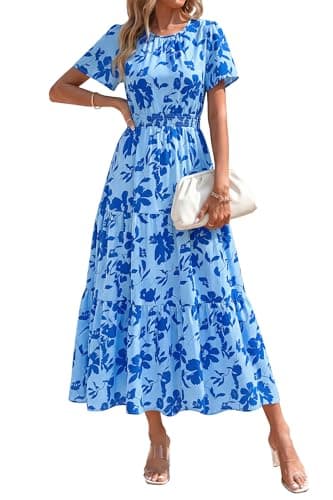 PRETTYGARDEN Women's Casual Smocked Boho Floral A-Line Maxi Dress 2026 | Summer Short Flutter Sleeve Crewneck Tiered Long Sundress,Fall Wedding Guest Dresses,Spring Cute Flowy Beach Vacation Clothes