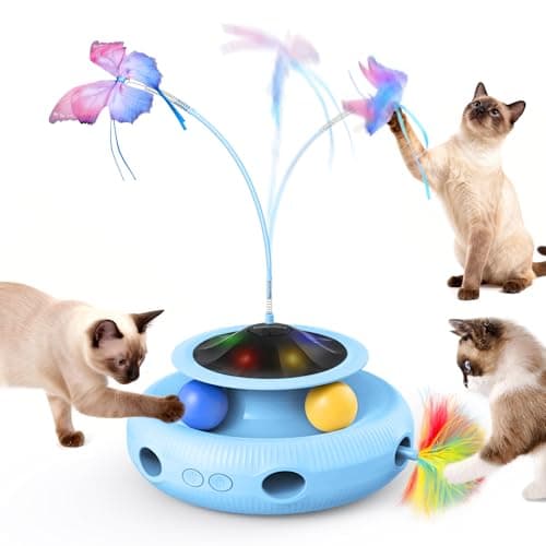 Pawtners Cat Toys, Automatic Interactive Kitten Toys for Indoor Cats, Blue | Fluttering Butterfly, Moving Feather, Track Balls and USB Rechargeable Powered Smart Indoor Exercise Kicker