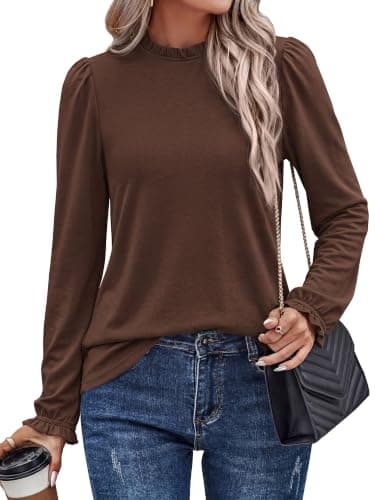 KIRUNDO Long Sleeve Dressy Tops For Women Fall Ruched Shirts,Brown,L | Lightweight Knit Work Tops, Frill Mock Neck Fitted Office Blouses, Business Casual Outfits, Ruffle Cuffs, Keyhole Back