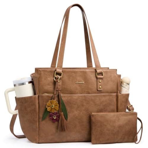 LOVEVOOK Laptop Tote Bag for Women, Vintage Work Teacher Bag with Clutch | Large Cup Holder,Flower Pendant,Computer Office Business Briefcase Shoulder Bag fit for 15.6 inch Laptop,Gifts for Women