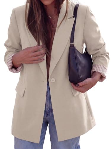 KIRUNDO Blazers for Women Business Casual Fall Jackets 2026, Beige, S | Oversized Blazer Dressy Long Sleeve Suit Jacket, Loose Lapel Button, Striped Lined, Formal Professional Office Work Clothes