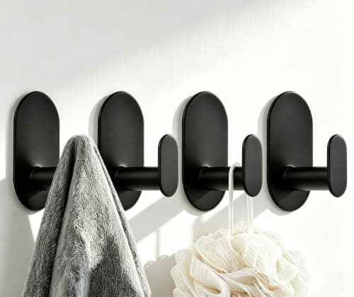 Baidora Adhesive Towel Hooks 4Pack, Heavy Duty RV Adhesive Hooks | Stainless Steel Towel Hooks for Camper Kitchen Bathroom Coats Bathrobes Hanging Towel Rack, Matte Black