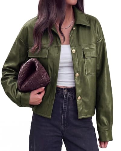 PRETTYGADEN Women's Button Down Faux Leather Jacket,Army Green,XX-Large | Fall Fashion Turn Down Collar Winter Coats, Patch Pockets Motorcycle Bomber Jackets, Casual Spring Holiday Travel Outerwear