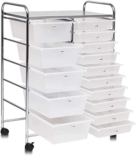 Giantex 15-Drawers Rolling Storage Cart, Mobile Book Paper Organizer Utility Trolley with Wheels, Ideal for School, Office, Home (Clear)