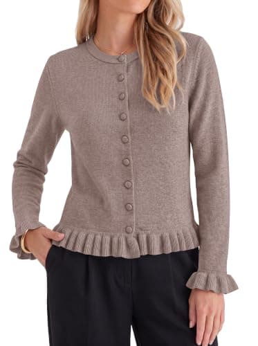 KIRUNDO Womens Cute Ruffle Button Down Cardigan Sweaters(Grey Khaki, M) | Crew Neck Button Up Knit Cardigans, Dressy Casual Long Sleeve Tops, Soft Comfy Knitwear, Feminine Chic Fall Winter Outfits