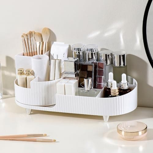 JEMORA Makeup Organizer, 360 Rotating Skincare Organizer with Compartments | 2 in 1 rotating makeup organizer with 5 compartments for cosmetics, skincare, perfume, brushes and vanity storage