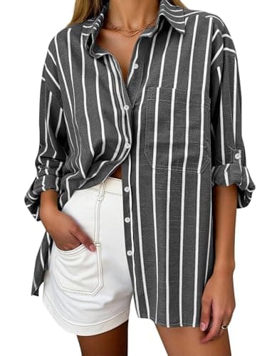 KIRUNDO Striped Oversized Button Down Shirts for Women(Black, M) | Chic Boyfriend Style Collared Blouse With Pocket, Long Sleeve Tops Office Work Daily Wear, Cute Going Out Vacation Outfits