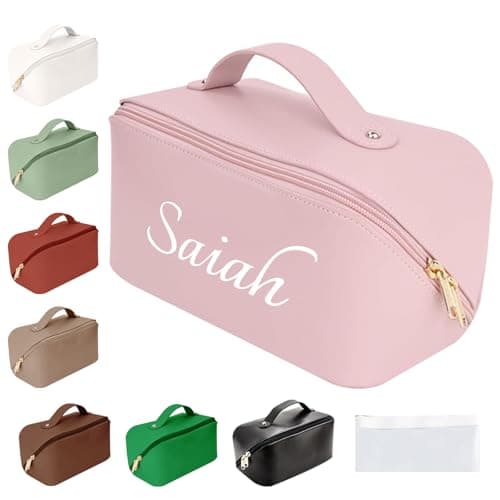 KEQHAULI Personalized PU Leather Makeup Bag with Custom Name, Large Capacity Toiletry Travel Organizer with Handle & Removable Dividers, Durable Cosmetic Case for Women, Great Gift for Her