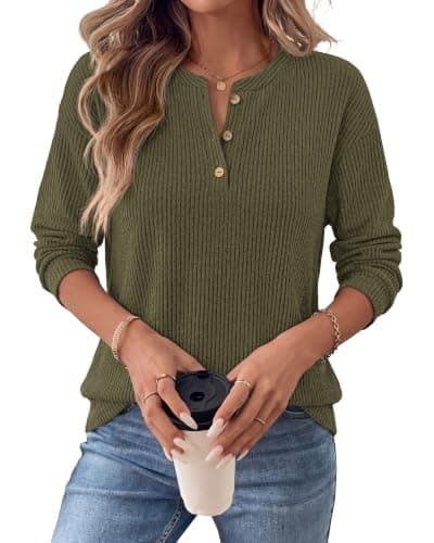 KIRUNDO Henley Shirts For Women Ribbed Button Up Sweater Top,Army Green,XL