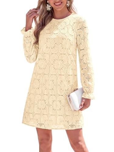 KIRUNDO Womens Long Sleeve Crochet Floral Eyelet Lace Mini Dress, Apricot,M | Cute Elegant Fall Winter Long Sleeve Embroidered Loose Shift Dress for Wedding Guest Bridal Shower Garden Party Vacation