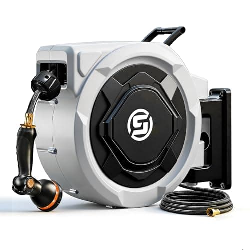 بكرة خرطوم الحديقة القابلة للسحب من SUNPOW - بكرة خرطوم مثبتة على الحائط مقاس 1/2 بوصة × 150 قدمًا مزودة بوصلات نحاسية مقاس 3/4 بوصة وفوهة ذات 10 أنماط - سحب تلقائي بطيء، قفل لأي طول، دوران 180 درجة للاستخدام في العشب والحدائق