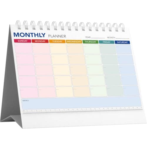 YPI Desk Blank Calendar, Monthly Planner Stand, Undated Spiral-Bound Monthly Calendar, 12-Page Color-Coded Weekly Planner Pages with Memo Sections, Foldable Tri-Fold Desktop Daily Calendar