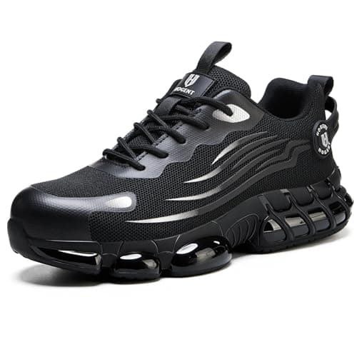 Hogent Steel Toe Shoes for Men, Cushioned Safety Work Sneakers Carbon Black | KEVLAR Midsole, Breathable Mesh Upper, Memory Foam Insole, Air Cushion Support, Construction, Warehouse, Industrial Work