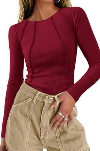 KIRUNDO Ribbed Long Sleeve Tops For Women Fall Basic Shirts(Wine Red, XS) | Exposed Seams Modest Top, Stretchy Fitted Cropped Tee, 2026 Fall Fashion Tshirt For Business Casual, Work, Winter Layering