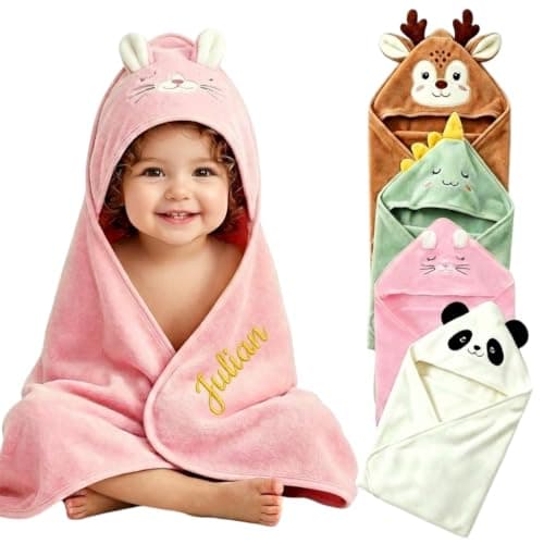 KEQHAULI Custom Name Embroidered Animal Hooded Towel, Ultra-Soft & Thick Coral Fleece Keepsake Blanket, Cute Newborn Bathrobe Wrap, Premium Absorbent Drying Robe for 0-12 Months Baby