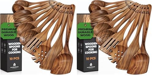 Wooden Spoons for Cooking – 10 Pcs Non Toxic Teak Kitchen Utensils Set | Includes spatula, turner, ladle, skimmer, pasta server & salad fork; heat resistant, nonstick safe, easy to clean