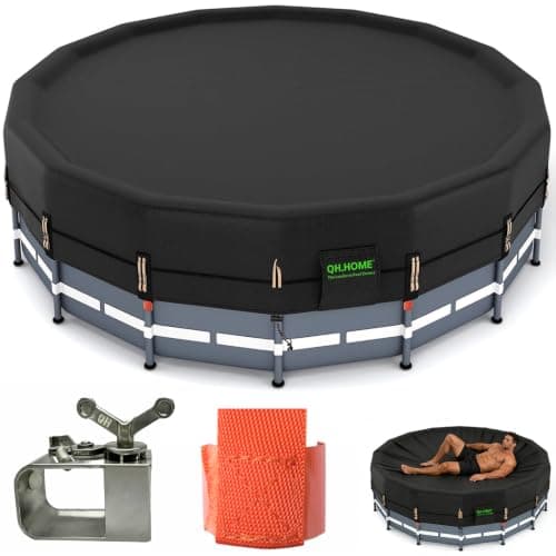 QH.HOME 550D 15 Ft Round Winter Pool Cover Tear Resistant Heavy Duty Fabric | Pre-installed winch and rope ensure snug fit with windproof outdoor protection, fits 15 ft round above ground swimming pools