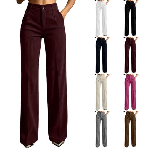Aluhayos Womens Corduroy Pants Wide Leg High Waisted Fall Winter Fashion Trouser Y2K Formal Cocktail Ladies Smart Trendy Straight Leg Bottoms Trousers Stretchy Elegant NYC Teacher Outfits Burgundy