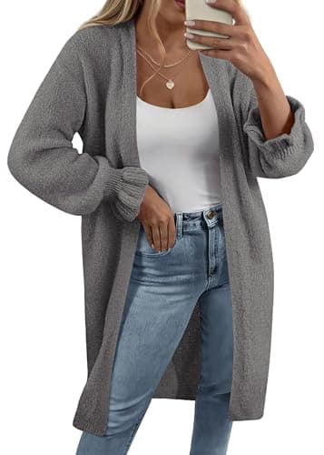KIRUNDO Long Cardigans for Women Oversized Open Front Coats,Dark Grey,S | Ruffle Long Sleeve Cardigan Sweaters, Soft Stretchy Knit, For Work Office Daily Wear, 2026 Fall Winter Outerwear Jackets