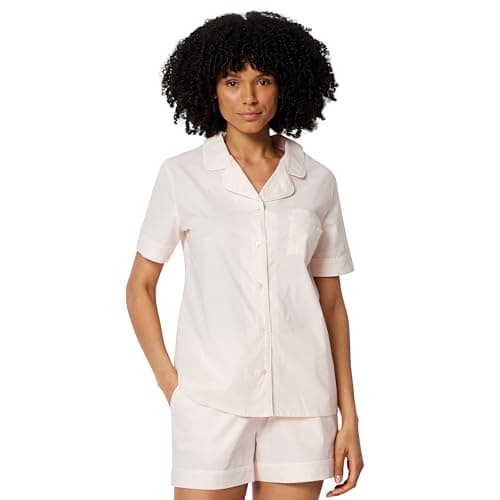 Amazon Essentials Women's Cotton Stretch Poplin Pajama Set, Short Sleeve Button-Down with Shorts, Pale Pink, X-Large
