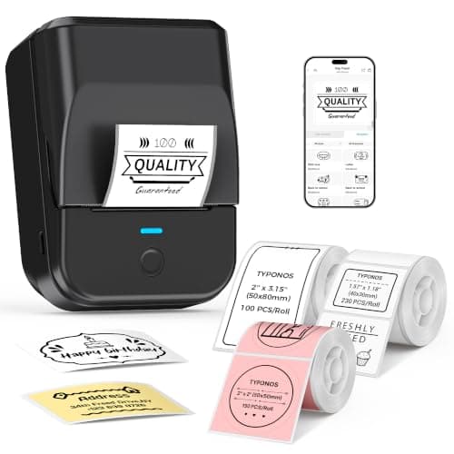 TYPONOS PM240 Label Maker Machine, Black, 3 Rolls with 40x30mm White Labels | 50x50mm Pink Round Labels, 50x80mm white Labels, 2'' Bluetooth Thermal Label Printer for Small Business School Home Office