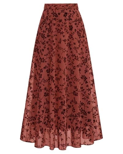 BTFBM Womens Floral Mesh Maxi Skirts Long Tulle Skirt,L,Rust | Flowy A Line High Waist Skirts,Velvet-Like Flowers,Flocked Mesh,Double-Layered Skirt,Going Out Outfits,Early Fall Fashion