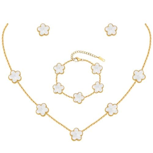 Necklaces Bracelets Earring Jewelry Set - 18K Gold Plated Lucky Necklace | Minimalist Trendy Floral Jewelry, Flower Bracelet Pendant Stud Set, Christmas Birthday Gift for Mom Wife Daughter Girlfriend