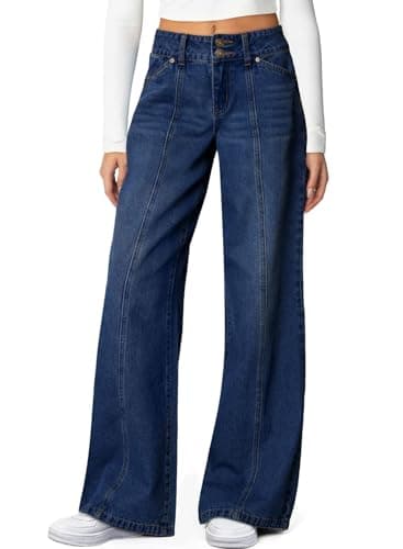 Sidefeel Women's High Waisted Wide Leg Stretchy Jeans | Soft Comfy Denim Pants, Seamed Front, Full Length, Double Buttons, Relxed Fit Trendy Jeans with Pockets, Casual Daily Wear