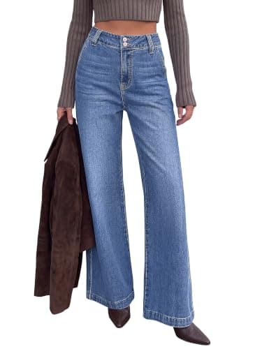 KIRUNDO Wide Leg Jeans for Women High Waisted Denim Pants,Mid Blue,6 | Straight Leg Jeans, Stretchy Trouser Jeans, Double Button With Zip Fly, 4 Pockets, 2026 Fall Casual Work Office Daily Wear