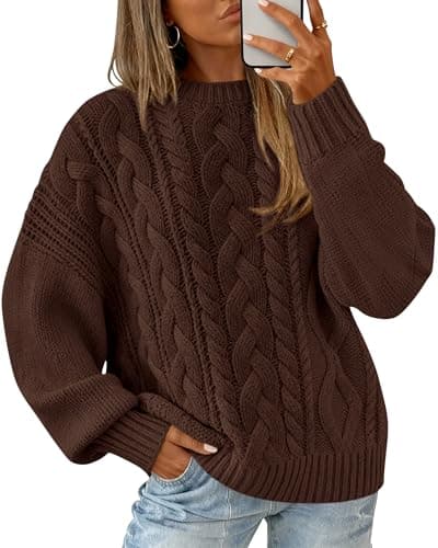 BTFBM Women's Oversized Cable Knit Sweater Crew Neck Pullover,XL,Brown | Batwing Long Sleeve Tops,Chunky Knit Texture,Relaxed Drop Shoulder,Warm Winter Holiday Outfit,2026 Fall Fashion Clothing